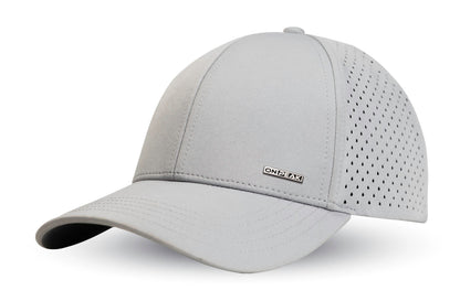 three quarter image showcasing the Grey Hat by Onpeak Hats. The cap's Grey color is elegantly highlighted, while its advanced features, including UV protection, antimicrobial sweatband, buoyant visor core, and moisture-wicking technology. This image encapsulates the essence of a versatile running hat, gym hat, and sports hat that seamlessly combines fashion and performance.