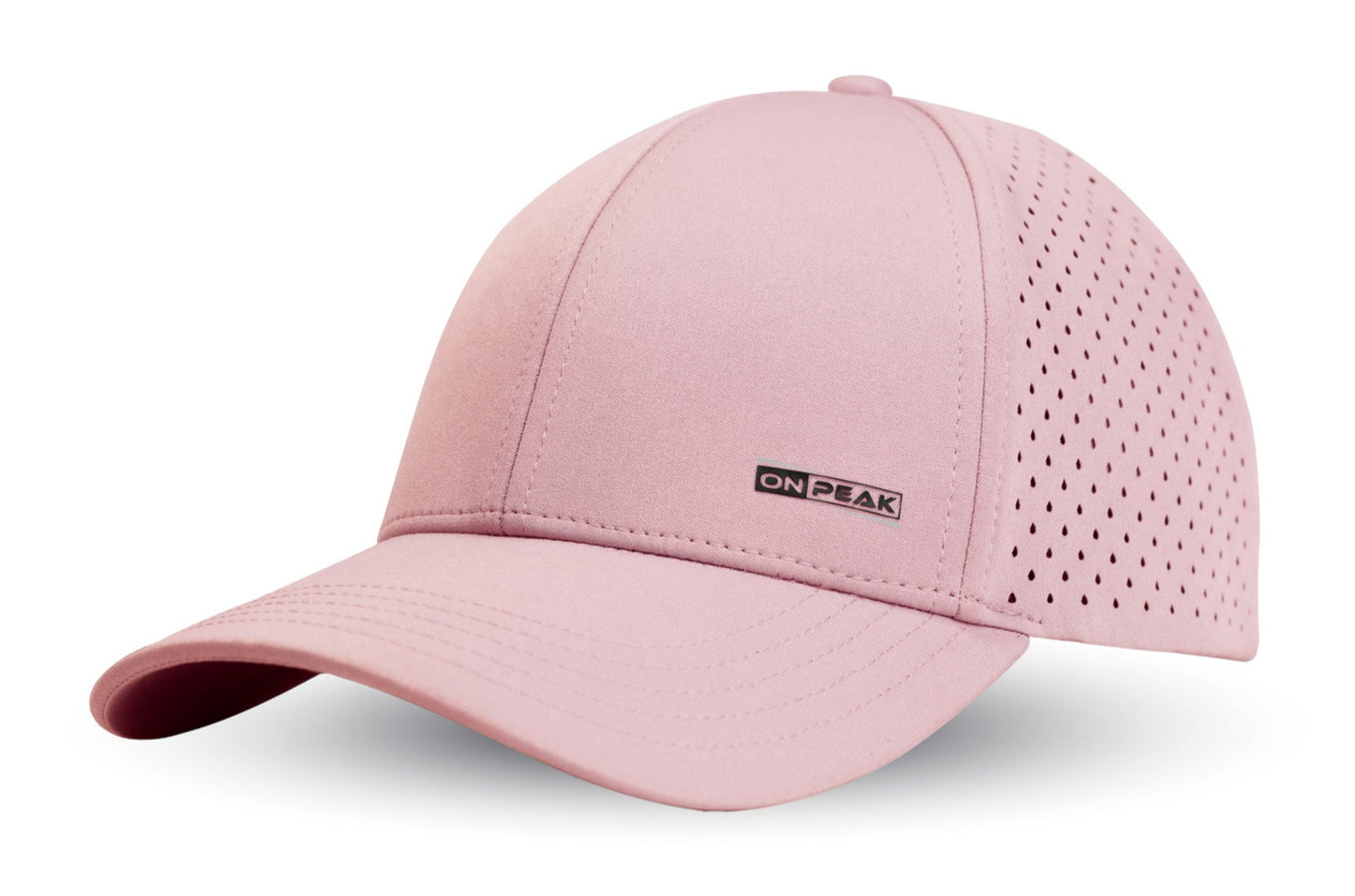 three quarter image showcasing the Sunset Pink Hat by Onpeak Hats. The cap's Pink color is elegantly highlighted, while its advanced features, including UV protection, antimicrobial sweatband, buoyant visor core, and moisture-wicking technology. This image encapsulates the essence of a versatile running hat, gym hat, and sports hat that seamlessly combines fashion and performance.