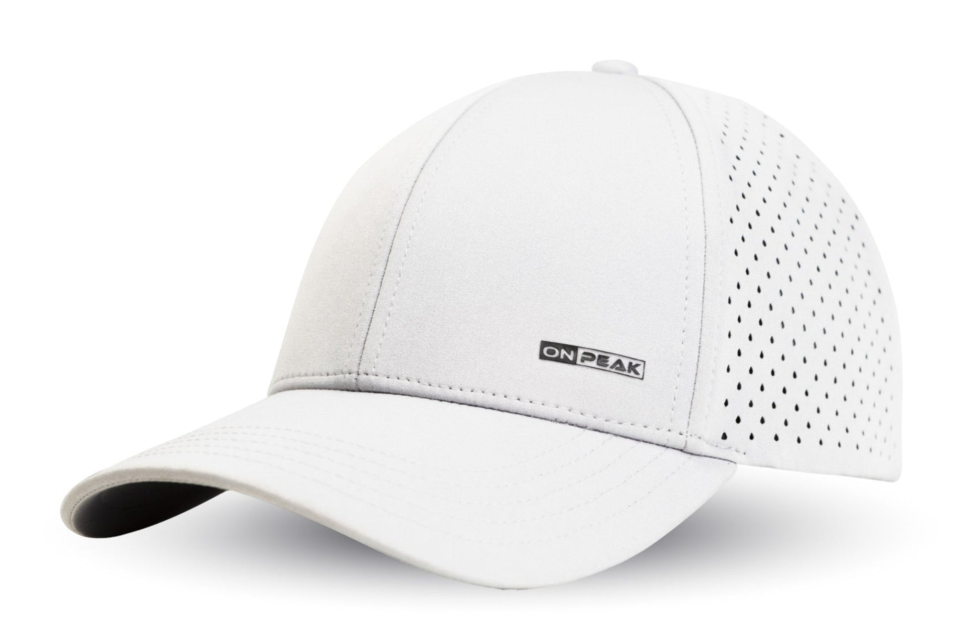hree quarter image showcasing the Arctic White Hat by Onpeak Hats. The cap's pristine white color is elegantly highlighted, while its advanced features, including UV protection, antimicrobial sweatband, buoyant visor core, and moisture-wicking technology. This image encapsulates the essence of a versatile running hat, gym hat, and sports hat that seamlessly combines fashion and performance.