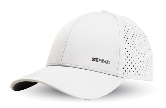 hree quarter image showcasing the Arctic White Hat by Onpeak Hats. The cap's pristine white color is elegantly highlighted, while its advanced features, including UV protection, antimicrobial sweatband, buoyant visor core, and moisture-wicking technology. This image encapsulates the essence of a versatile running hat, gym hat, and sports hat that seamlessly combines fashion and performance.